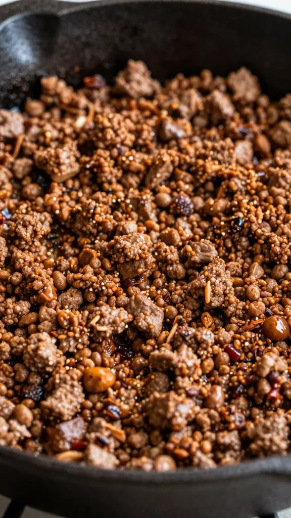 sizzling taco-seasoned ground beef in cast-iron skillet, closeup
