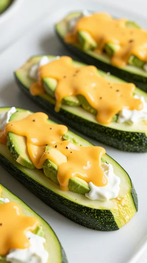 melty cheddar-topped zucchini boat with avocado and sour cream