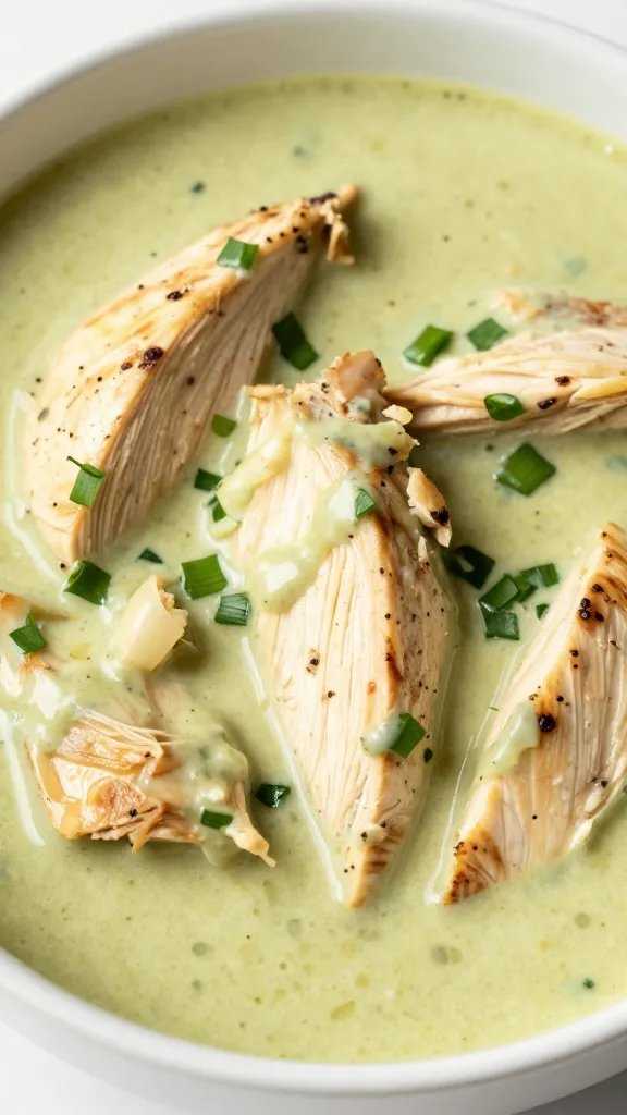 closeup bowl of keto creamy salsa verde chicken