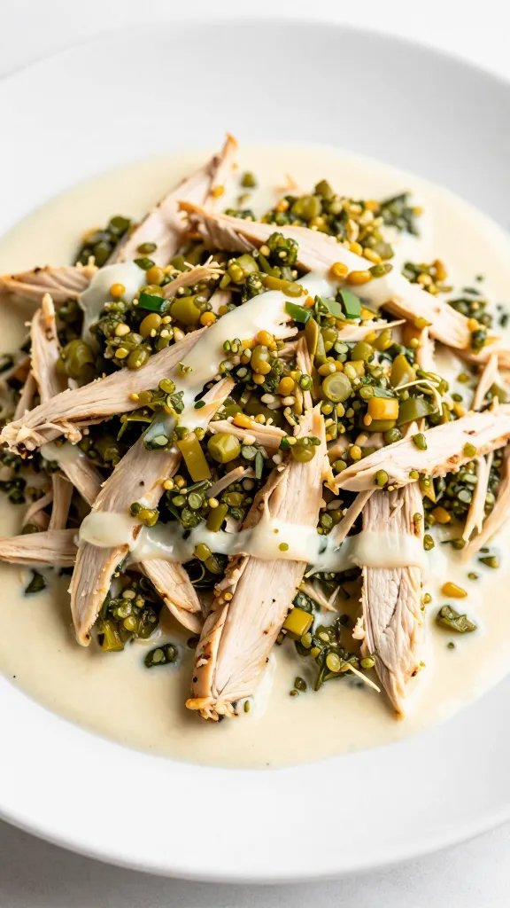 shredded salsa verde chicken on white plate, creamy sauce