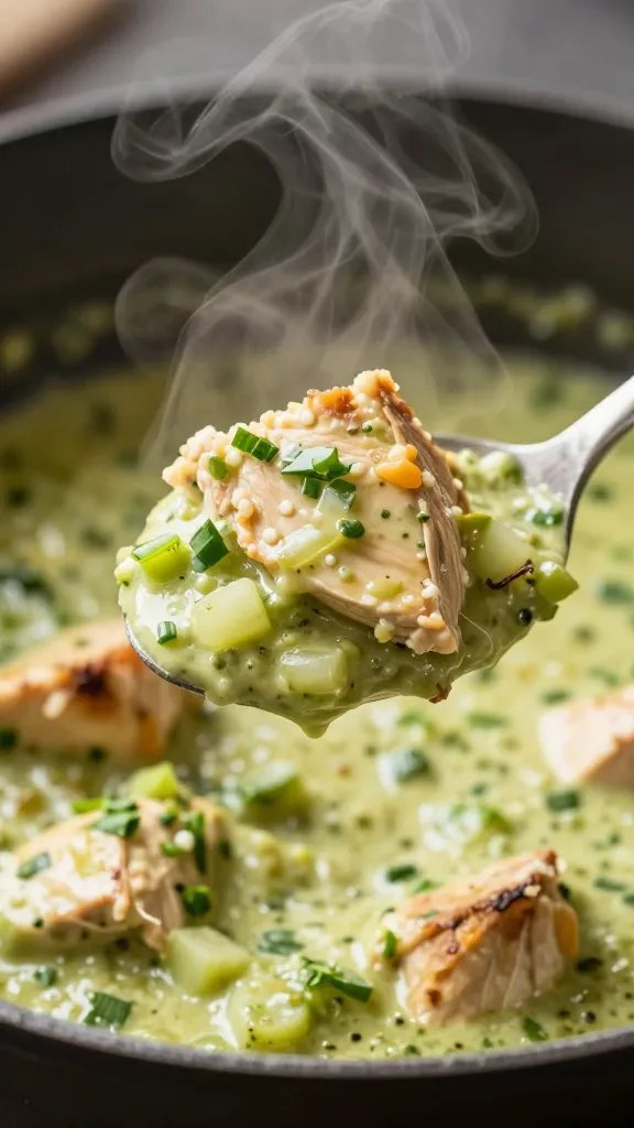 spoonful of creamy salsa verde chicken, steam rising
