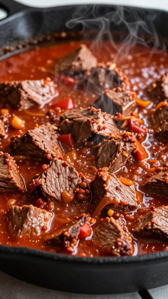 closeup birria-style beef skillet with smoky red chile sauce