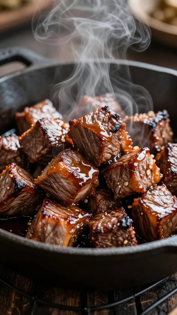 seared beef chunks in cast-iron, glossy drippings, steam