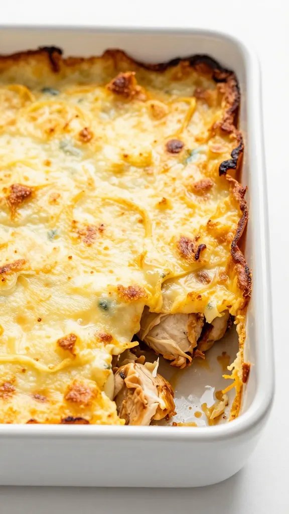 golden-brown cheesy chicken casserole corner in white baking dish