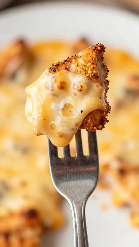 forkful of melty taco-seasoned chicken with bubbly cheese