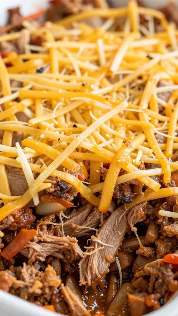 closeup of keto pork carnitas casserole with crispy cheese top