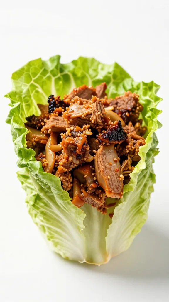 single lettuce cup filled with smoky pork carnitas casserole