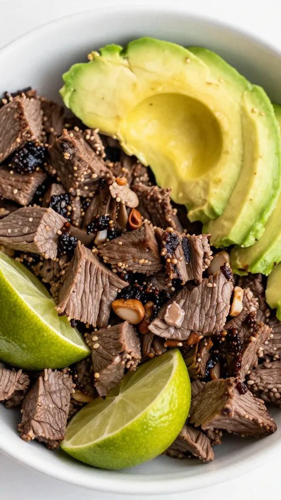 closeup keto Mexican beef bowl with avocado and lime