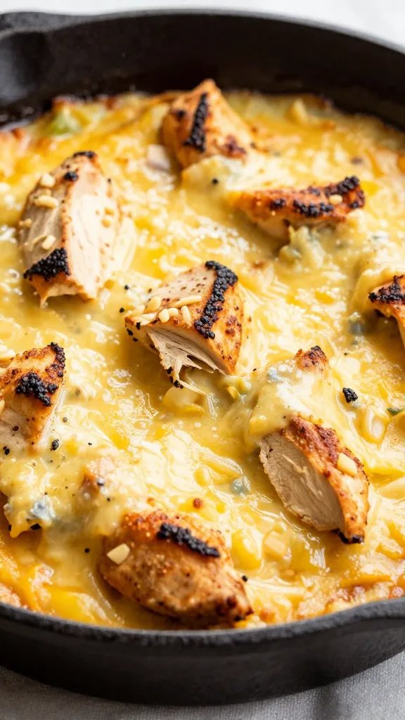 Closeup of keto cheesy fajita chicken bake in cast-iron skillet