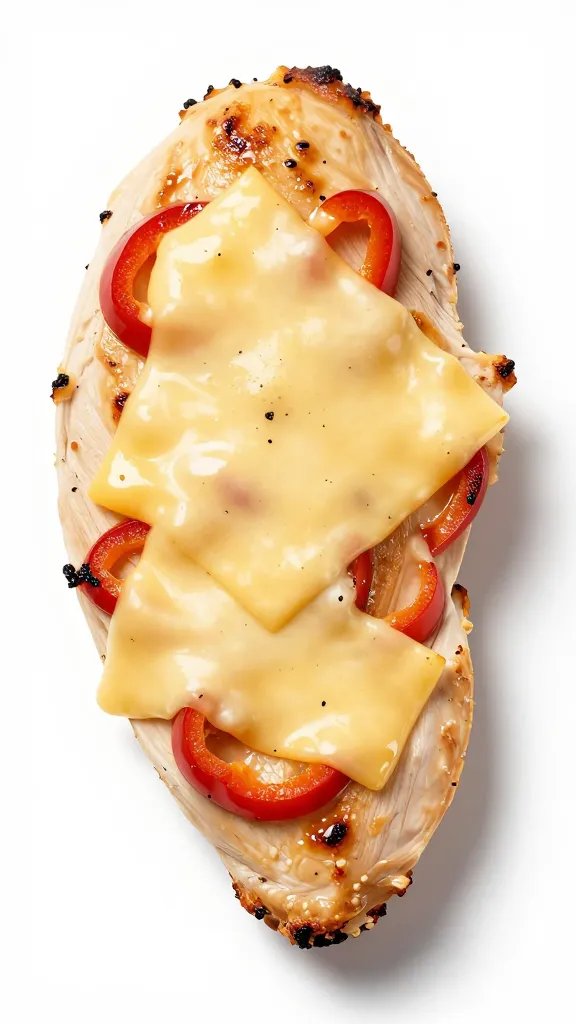 Single sliced chicken breast topped with melted cheese and peppers