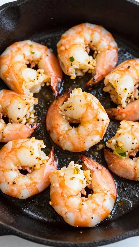 closeup cast-iron skillet with garlic-lime butter shrimp