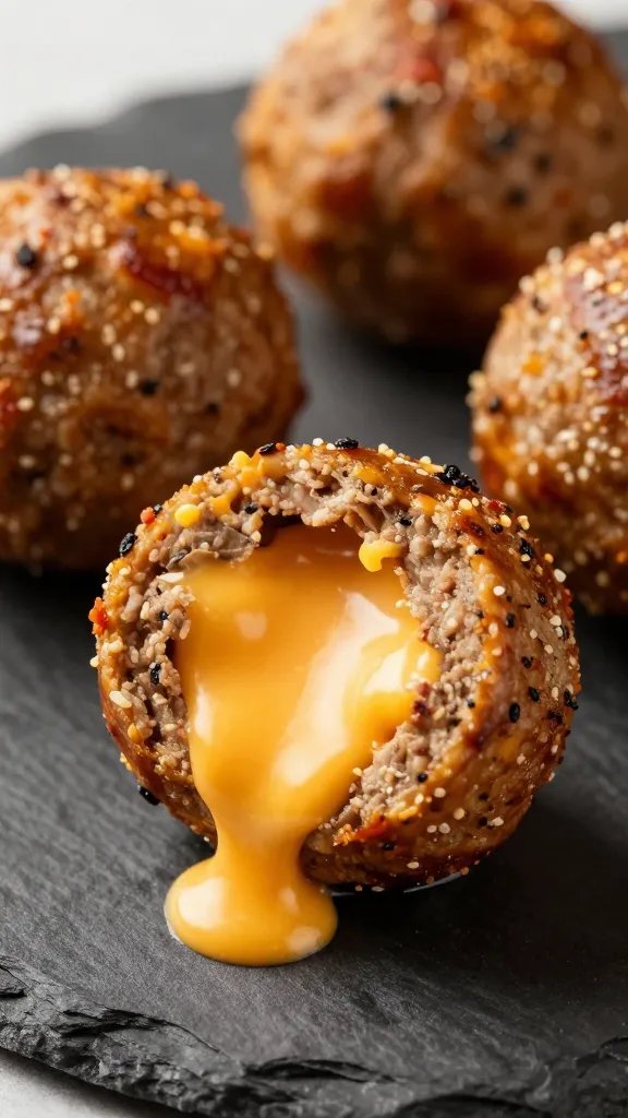 closeup queso-stuffed taco meatball oozing cheese on slate