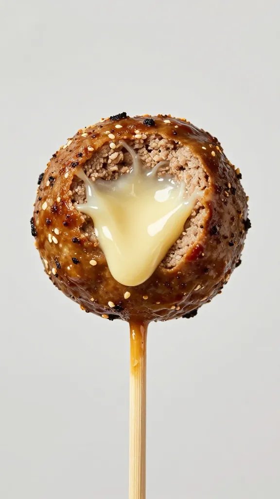 single keto taco meatball on toothpick, molten center showing
