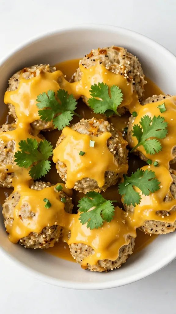 overhead bowl of queso-filled meatball with cilantro garnish