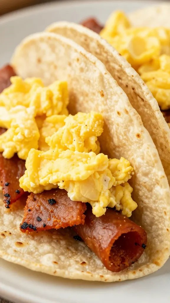 closeup keto chorizo and scrambled egg taco on almond tortilla