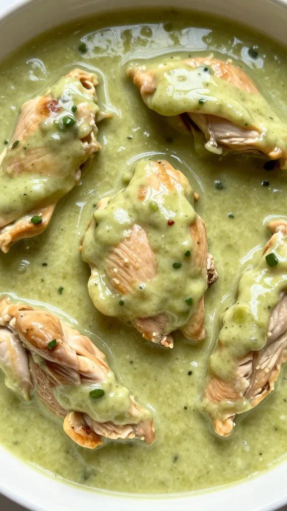 closeup bowl of creamy salsa verde chicken thighs, glossy sauce