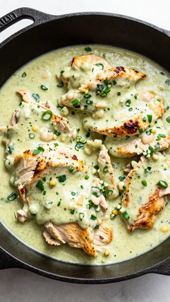 single cast-iron skillet with keto creamy salsa verde chicken
