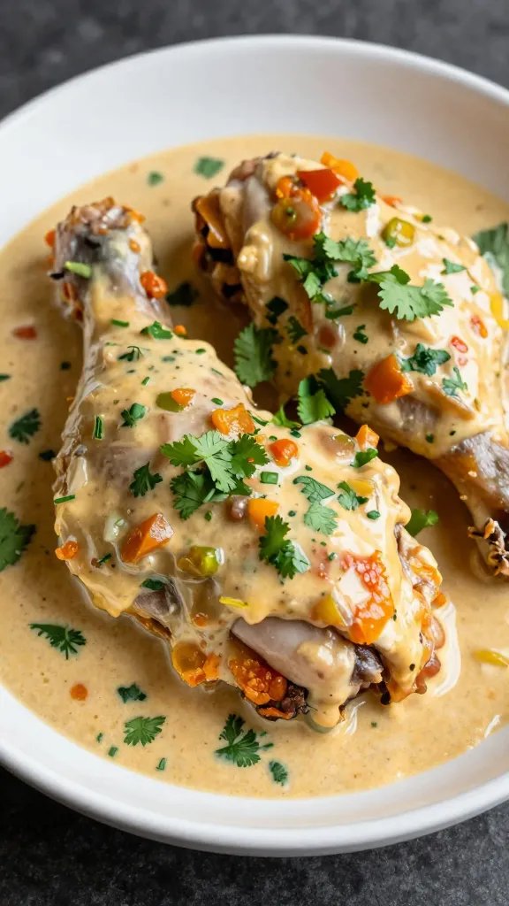 plated chicken thigh drenched in creamy tomatillo salsa, cilantro garnish