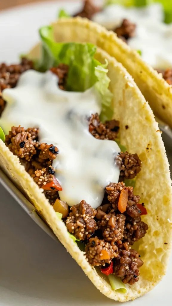 closeup lettuce-cup taco with spicy ground beef and crema