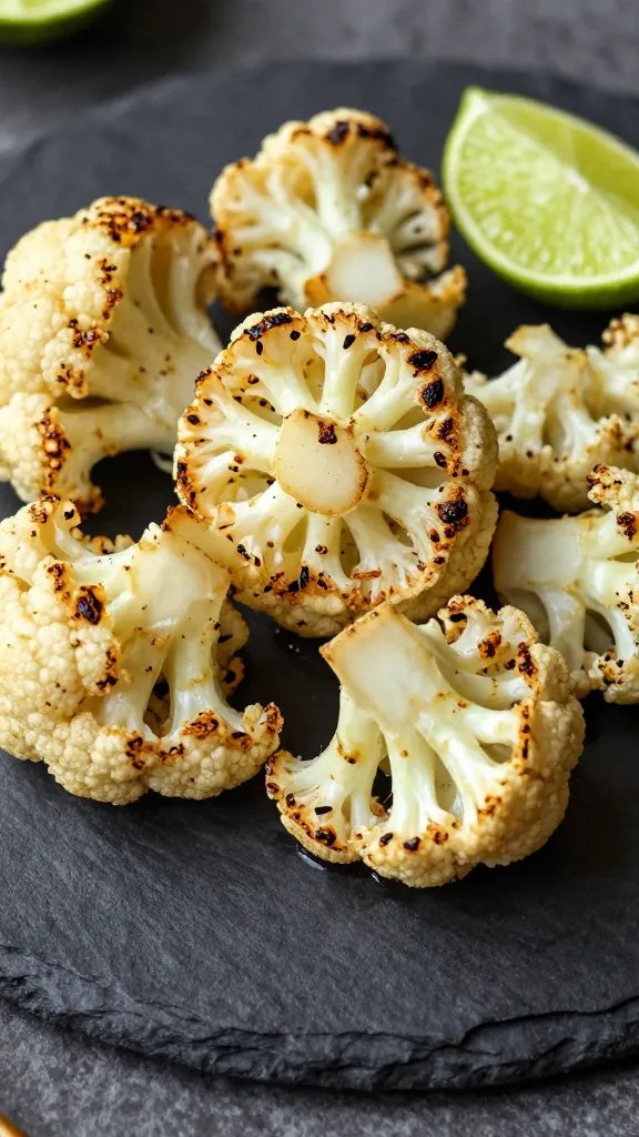 garlic-lime roasted cauliflower florets on dark slate plate