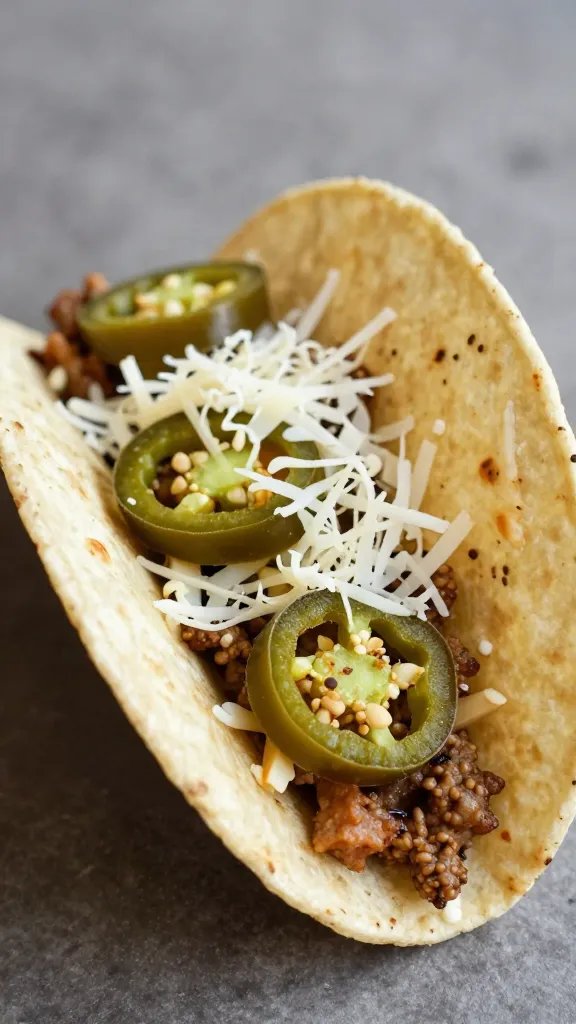 single keto taco topped with jalapeños and shredded cheese
