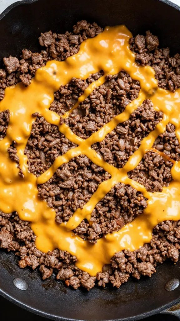 overhead shot of seasoned ground beef with melted cheddar in skillet