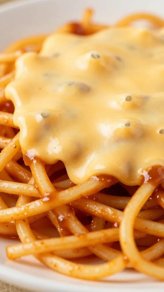 macro of zoodles coated in taco sauce and melted cheese