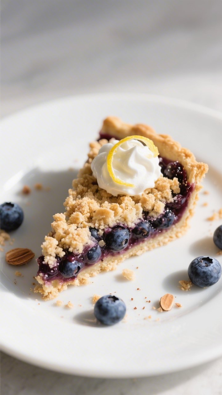 Close-up 3/4 angle of a warm slice of keto blueberry crumble pie plated on a matte white dessert pla