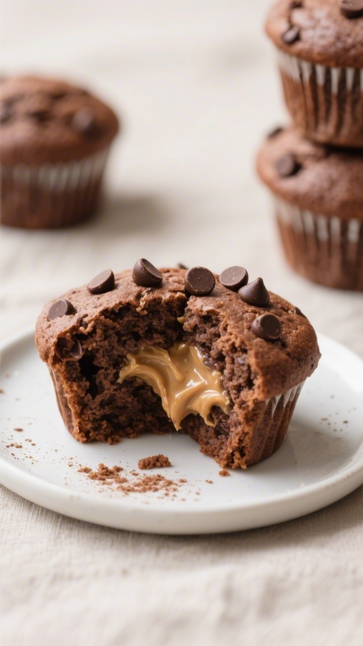 Close-up 45-degree angle of a split-open chocolate peanut butter protein muffin on a small white cer