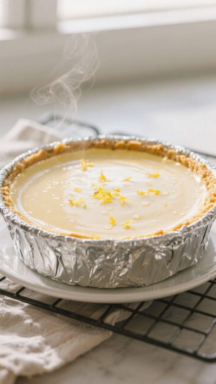 Close-up detail: A glossy, just-baked keto lemon cheesecake in a 9-inch springform pan resting in a 