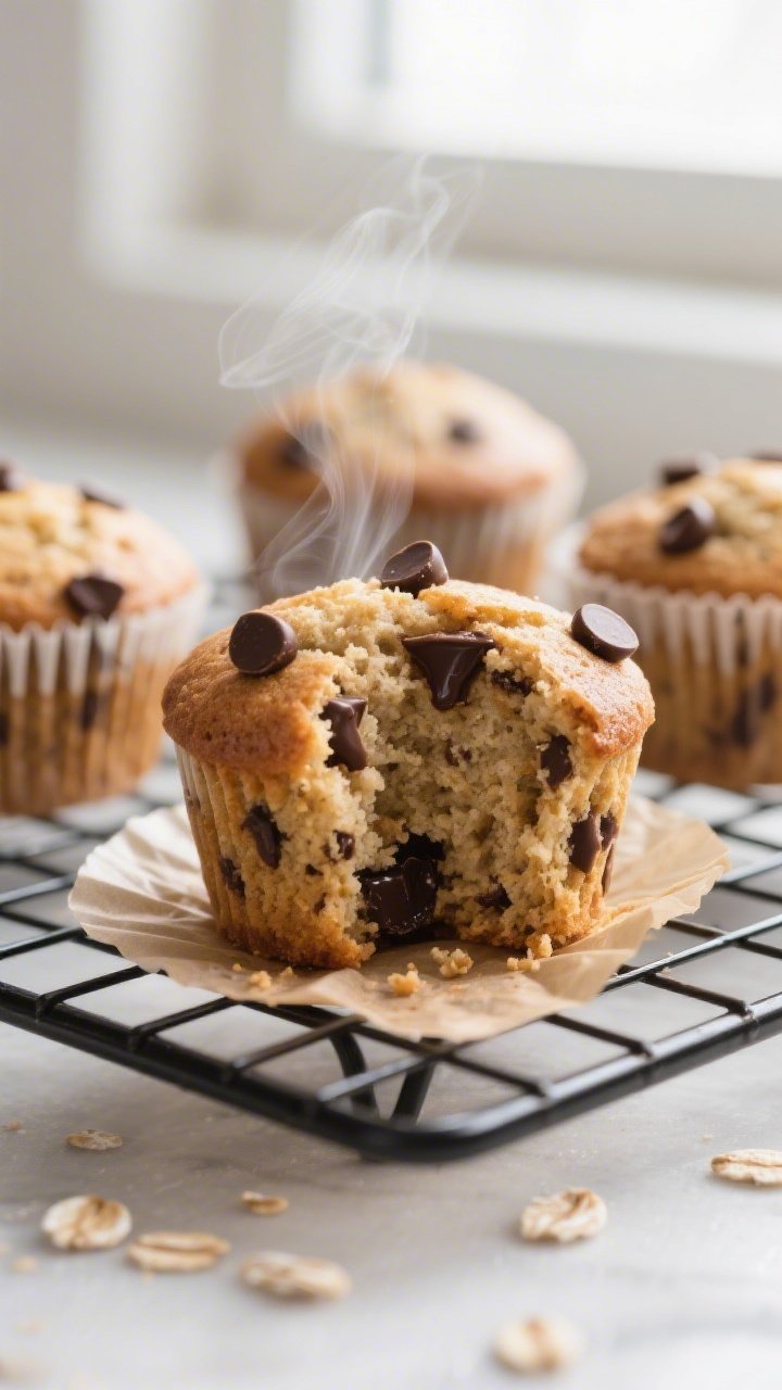 Close-up detail: A just-baked banana chocolate chip protein muffin torn open on a wire cooling rack,