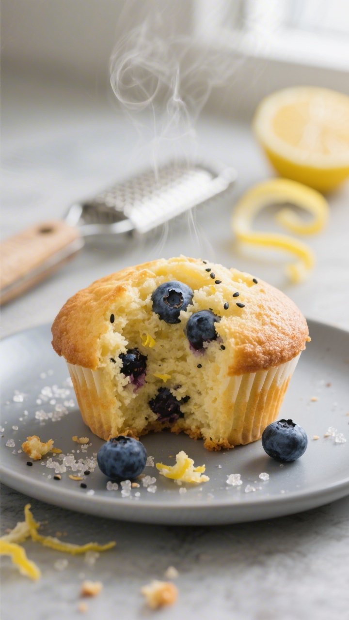 Close-up detail: A just-baked lemon blueberry muffin torn open to reveal a tender, lemon-zested crum