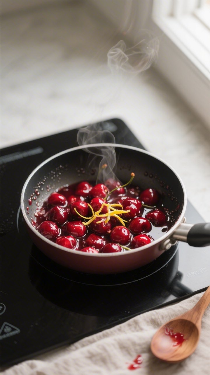 Close-up detail and cooking process: A small saucepan on a matte black induction surface with a glis