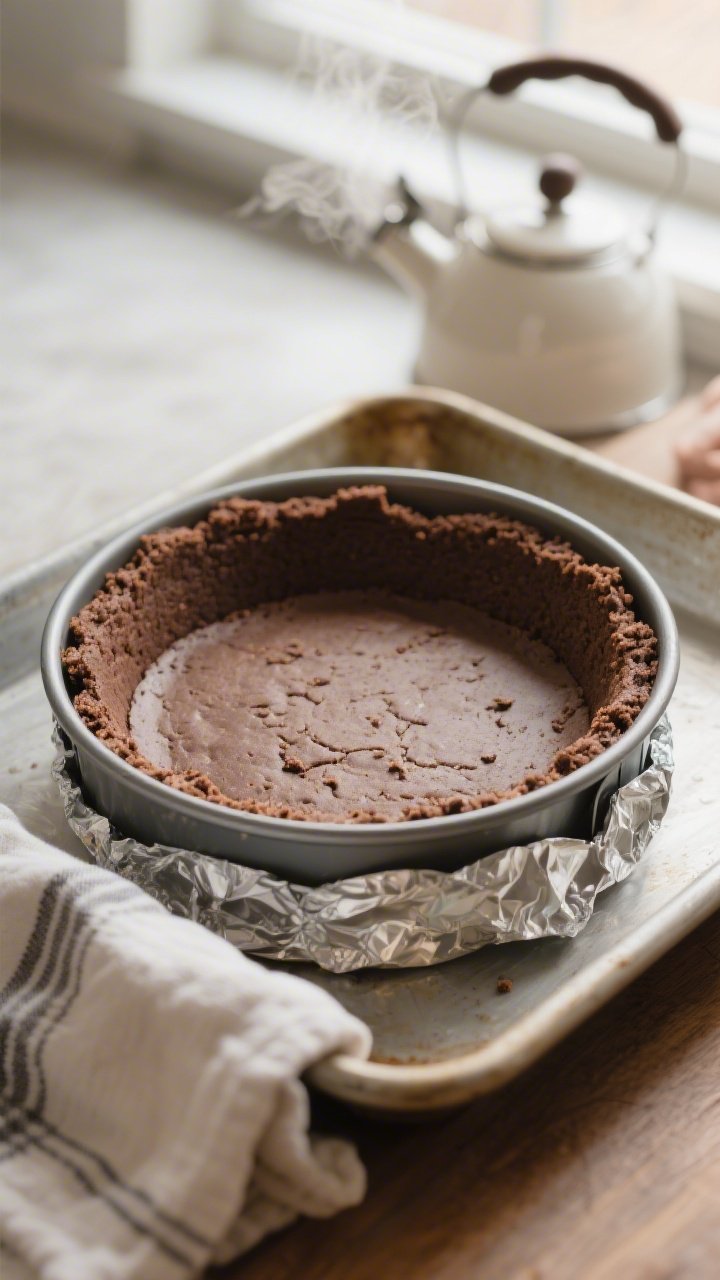 Close-up detail and process: A 9-inch springform pan with the par-baked keto chocolate “cookie” 