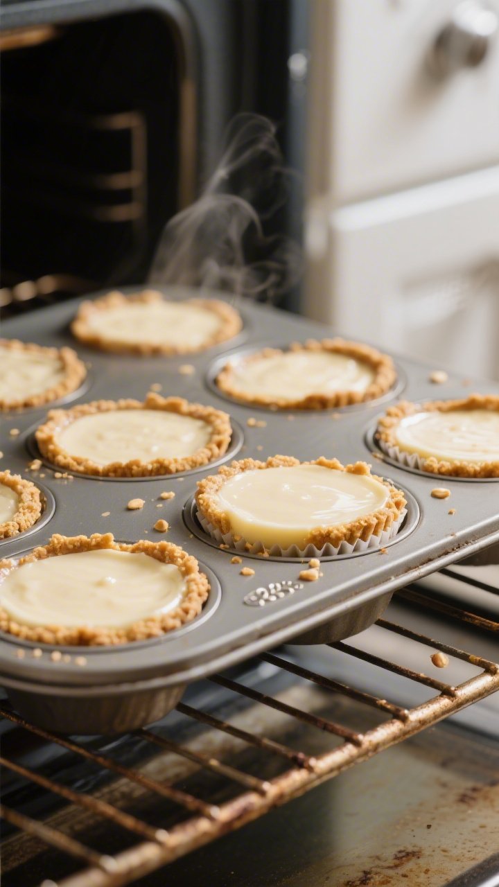 Close-up detail and process: Keto mini cheesecakes just out of the oven in a lined muffin tin at 325