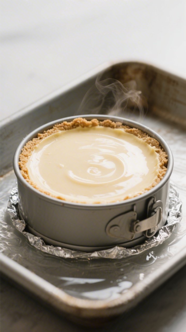 Close-up detail and process shot: A 9-inch springform pan of keto cheesecake just out of a low-and-s