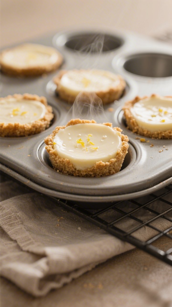 Close-up detail and process shot: Mini keto cheesecake bites just out of the oven, still in a silico