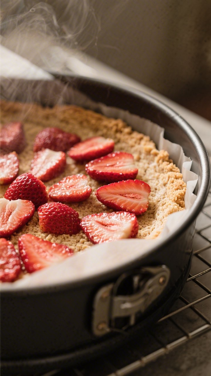 Close-up detail, cooking process: A 9-inch springform pan with the par-baked almond flour shortcake 