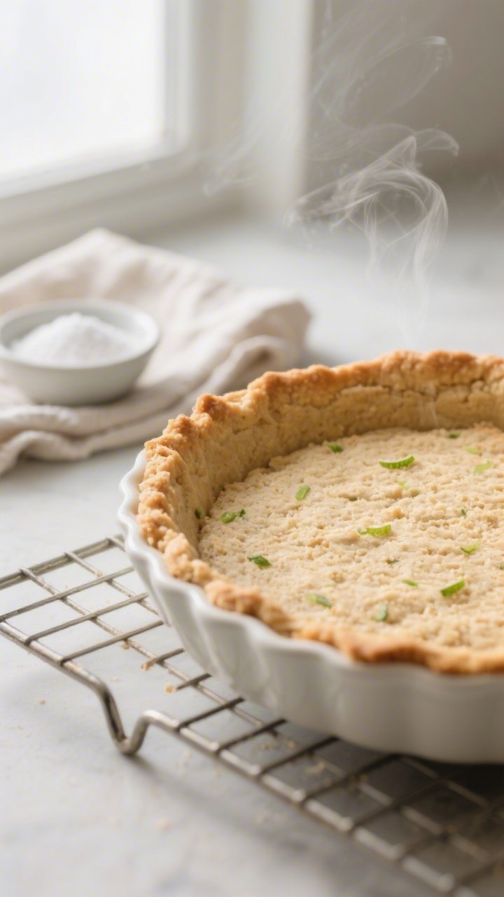 Close-up detail, cooking process: A freshly baked almond flour pie crust cooling in a 9-inch pie dis