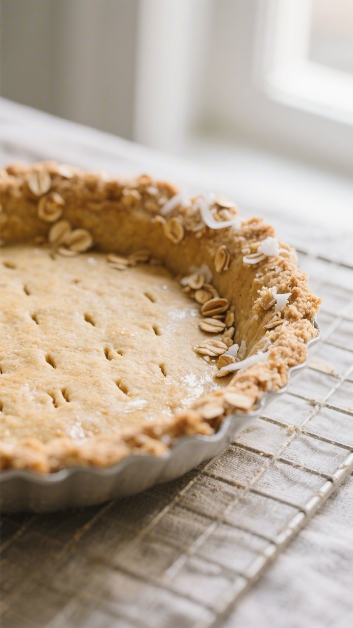 Close-up detail, cooking process: A freshly baked nut-and-oat pie crust in a 9-inch pie dish, lightl