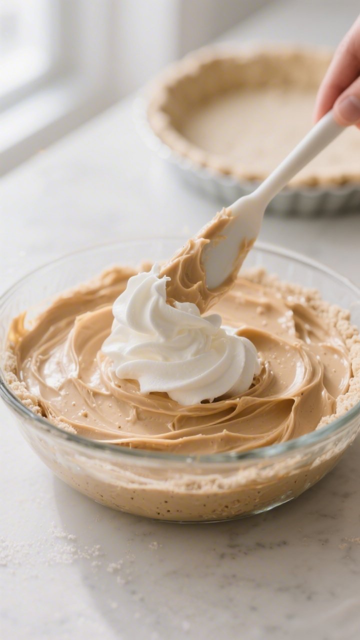 Close-up detail, cooking process: A mousse-like peanut butter filling being gently folded with whipp