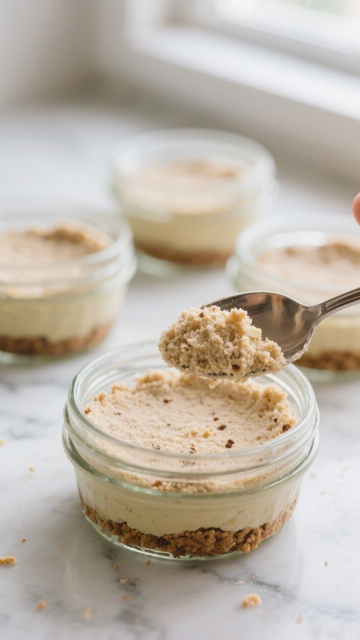 Close-up detail, cooking process: A spoon gently pressing a loose almond flour keto “crust” laye