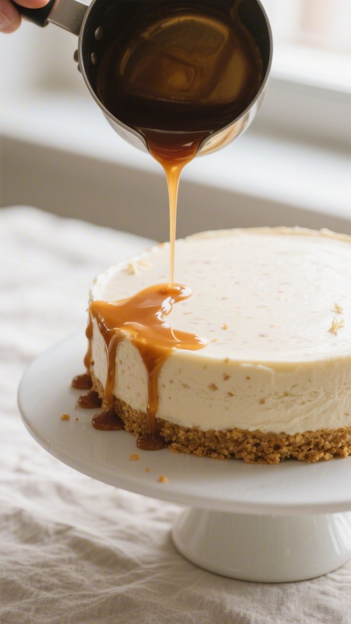 Close-up detail, cooking process: Keto caramel being poured in a thin stream from a small saucepan o