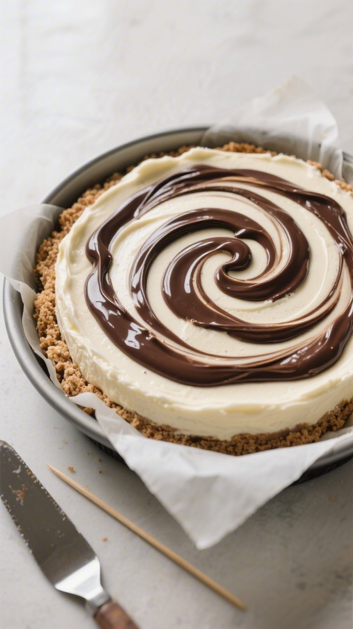 Close-up detail/cooking process: Keto fudge swirl cheesecake just after swirling, unbaked but fully 