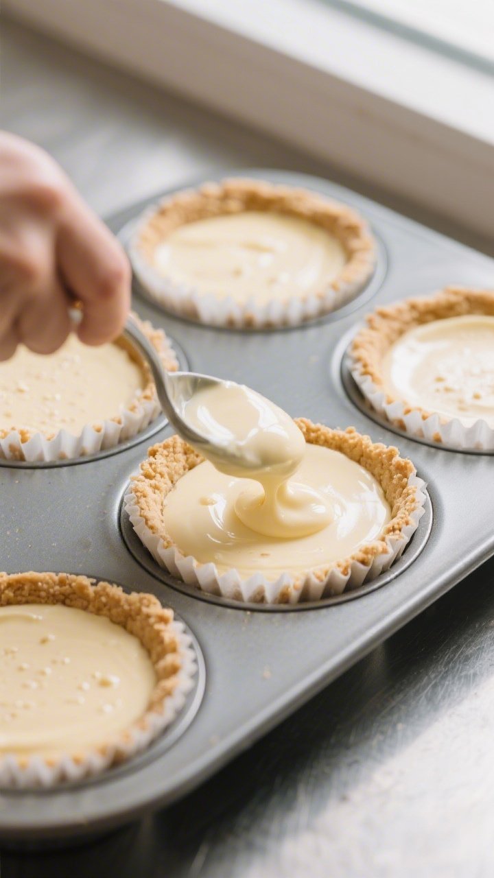 Close-up detail, cooking process: Par-baked almond flour crusts pressed into paper-lined muffin tin,