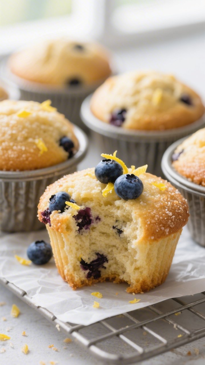 Close-up detail: Freshly baked lemon blueberry protein muffins just out of the tin, golden domed top