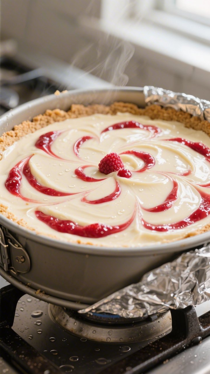 Close-up detail of a baked and fully set keto raspberry swirl cheesecake still in the springform pan