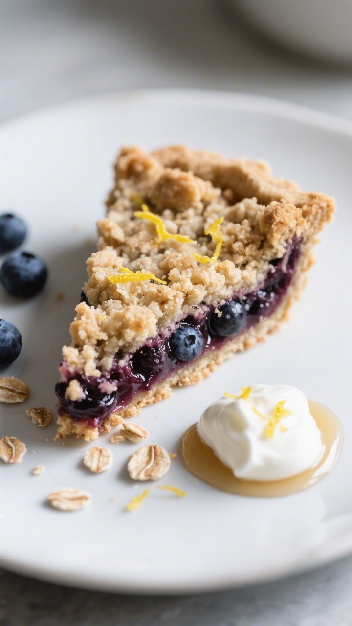 Close-up detail of a cleanly sliced wedge of Healthy Blueberry Crumble Pie plated on a matte white d