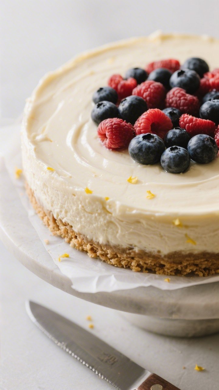 Close-up detail of a freshly baked keto mixed berry cheesecake just released from a 9-inch springfor