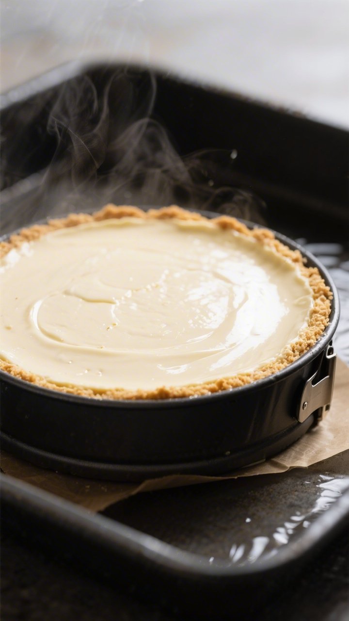 Close-up detail of a freshly baked Keto New York Style Cheesecake just out of the water bath, sides 